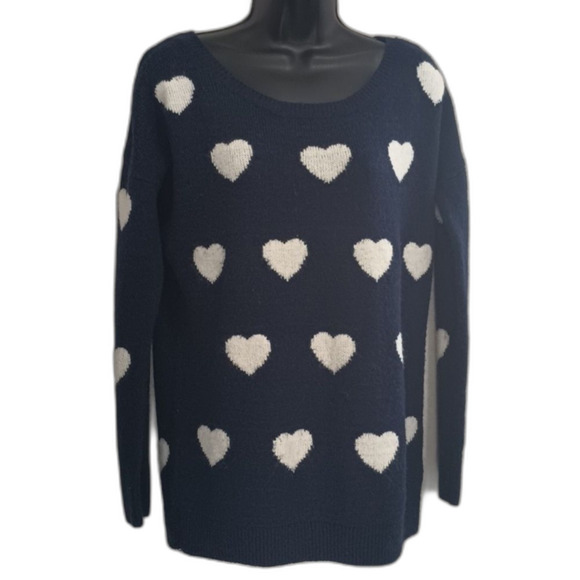 Express Sweater Large Blue with White Hearts Print Acrylic Wool Mohair Blend Top - Picture 2 of 12